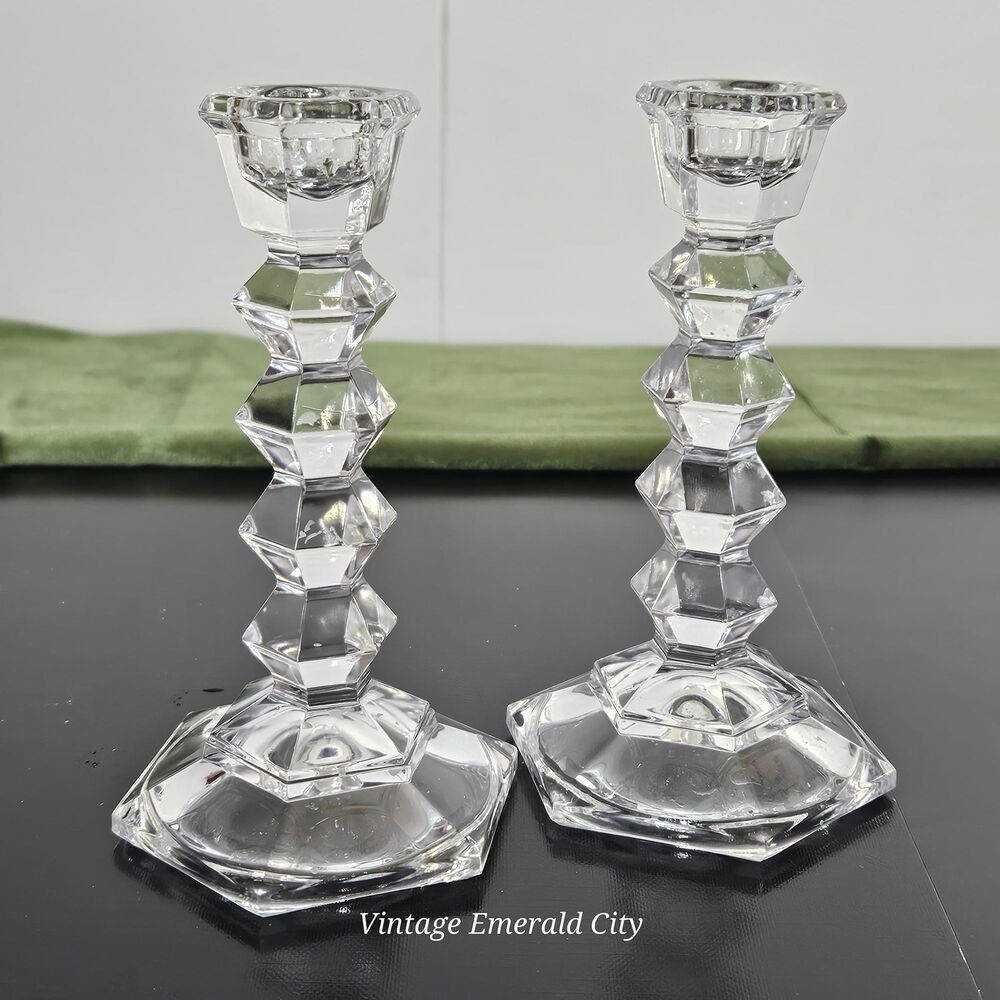 Vtg MIKASA Crystal Clear JewelStone Pattern Candlestick Candle Holder Set of 2